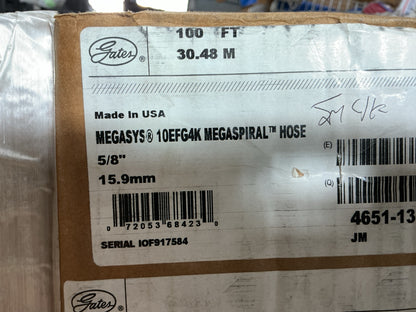100 FEET - Gates 70813 High Pressure Hydraulic Hose, 5/8'' ID 4000 PSI 10EFG4K