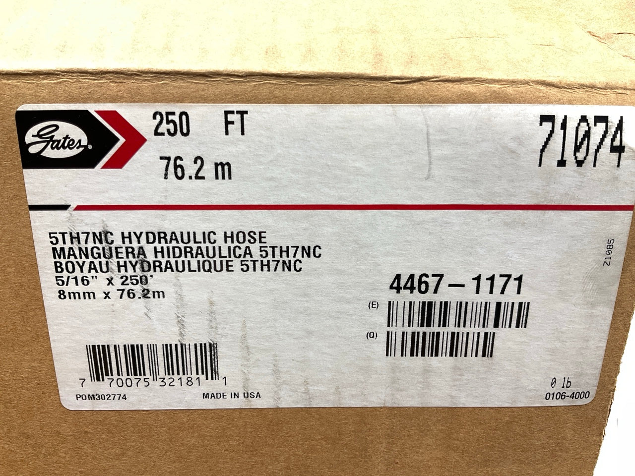 248 FEET - Gates 71074 5TH7NC 5/16'' Hydraulic Hose, 2500 PSI Max Work Pressure