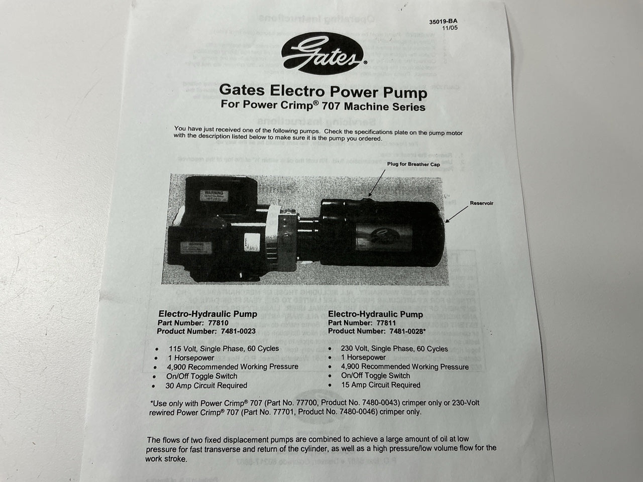 Gates 77810 Cycle Pump For Power Crimp 707 Hydraulic Crimper 115V, 1 H.P