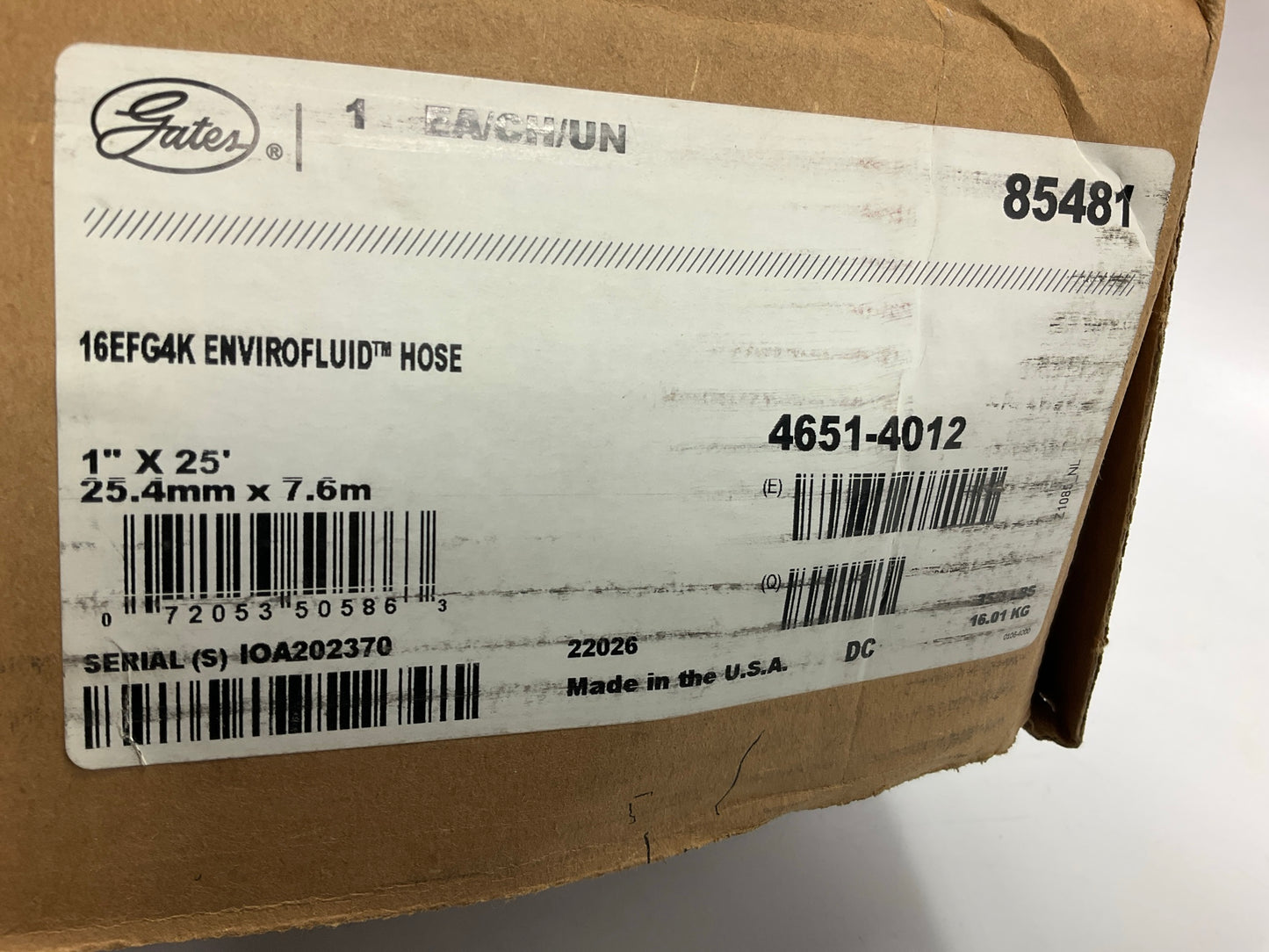 25 FEET - Gates 85481 1'' Hydraulic Hose 16EFG4K Mega Spiral 28.0 MPA (4000 PSI)
