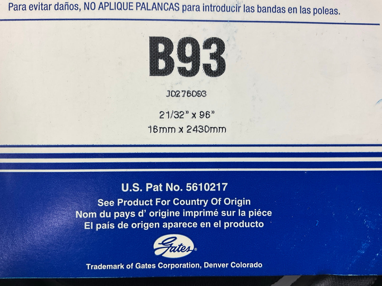 Gates B93 Industrial Accessory Drive Belt - 21/32'' X 96''