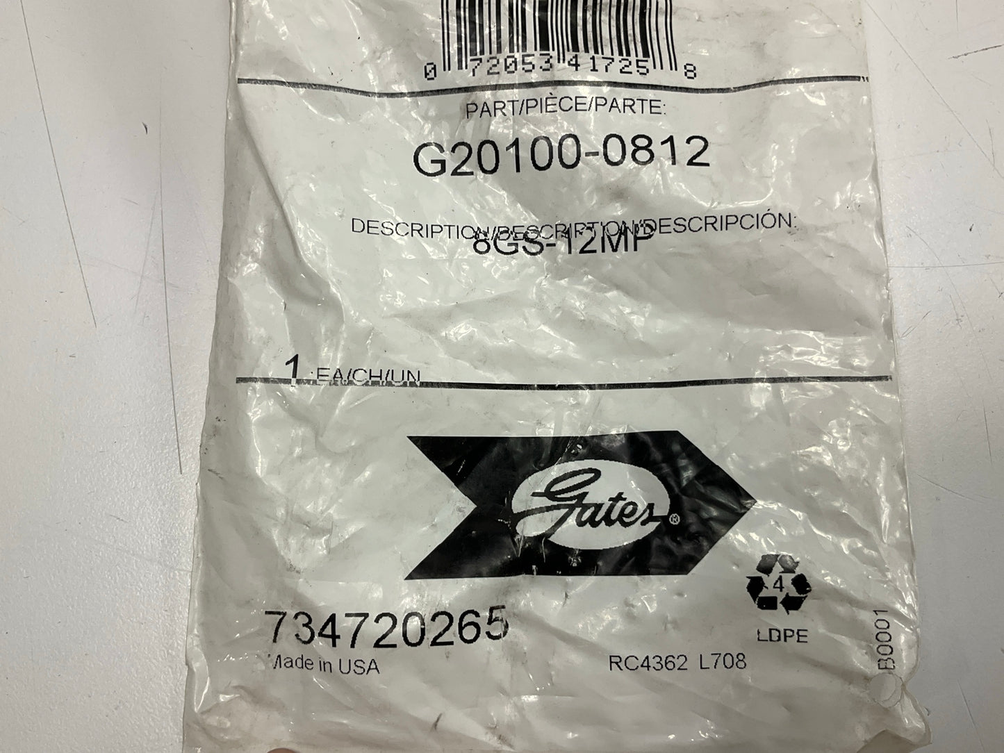 Gates G20100-0812 8GS-12MP 1/2'' ID Hydraulic Hose End Fitting, 3/4-14 Thread