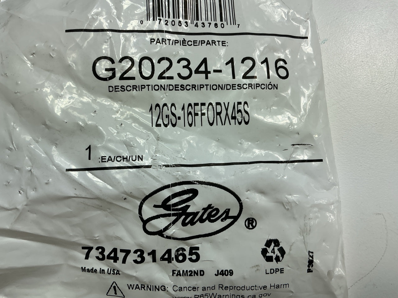 Gates G20234-1216 Female Flat-Face O-Ring Swivel 45° Tube Hydraulic Fitting, 3/4