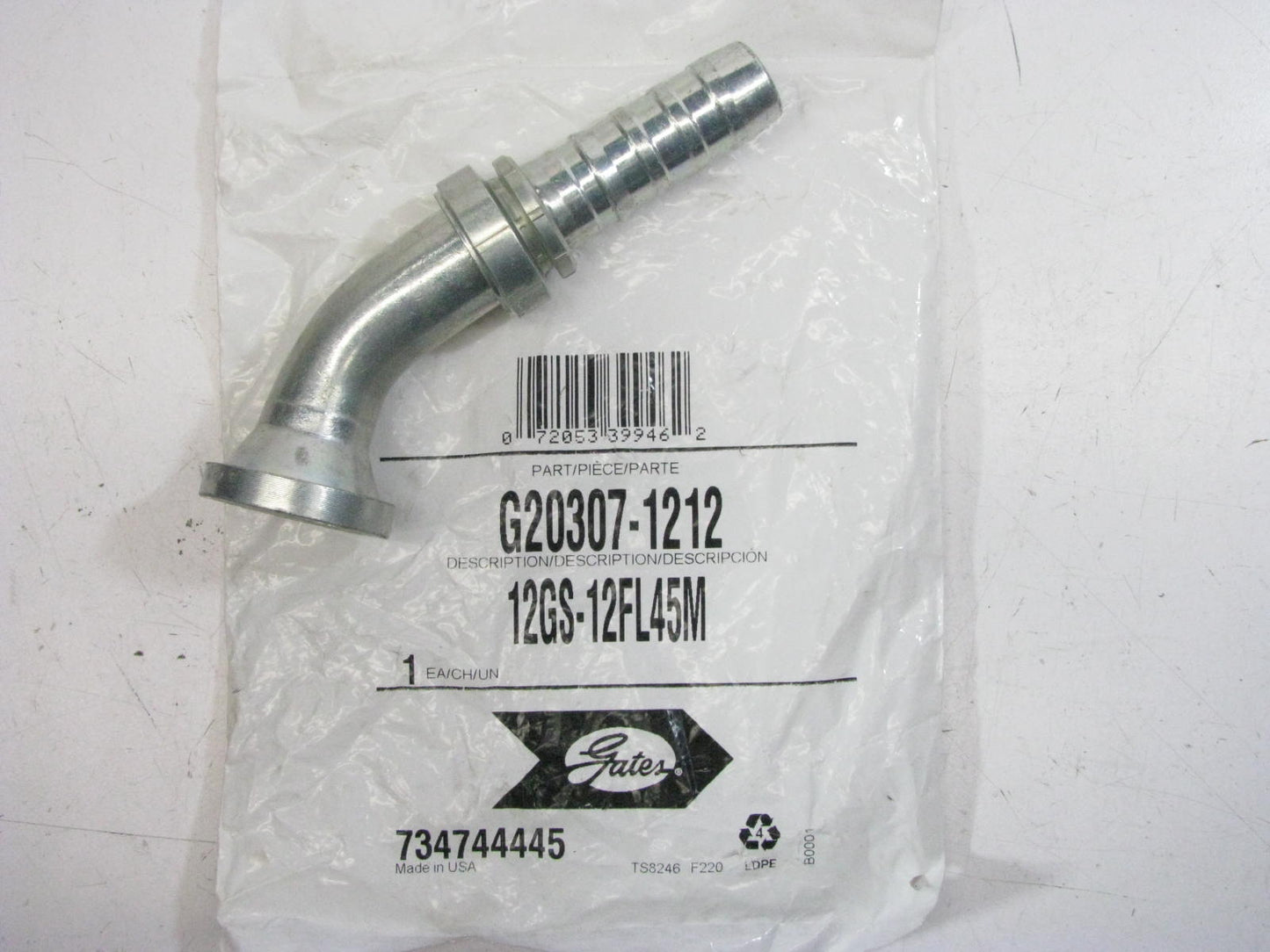 Gates G20307-1212 Hydraulic Fitting 45 Deg Bent Tube Code 61 GS G-20 3/4'' Hose