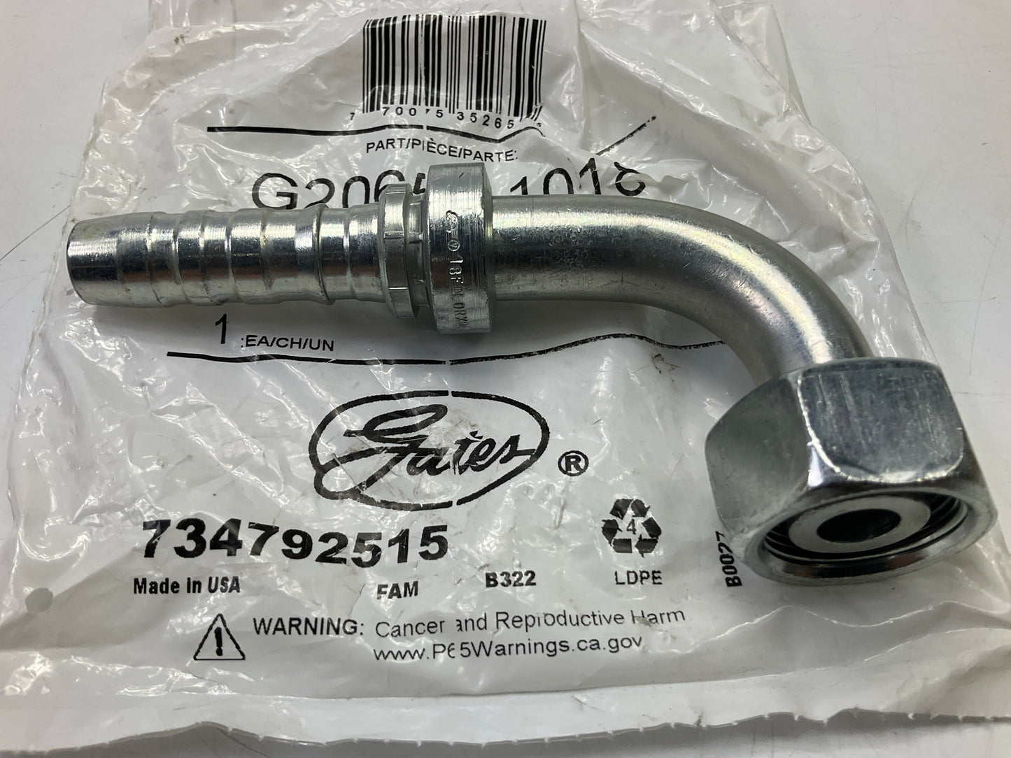 Gates G20655-1018 90° Tube Female DIN 24° Cone Swivel Hydraulic Fitting, 5/8''