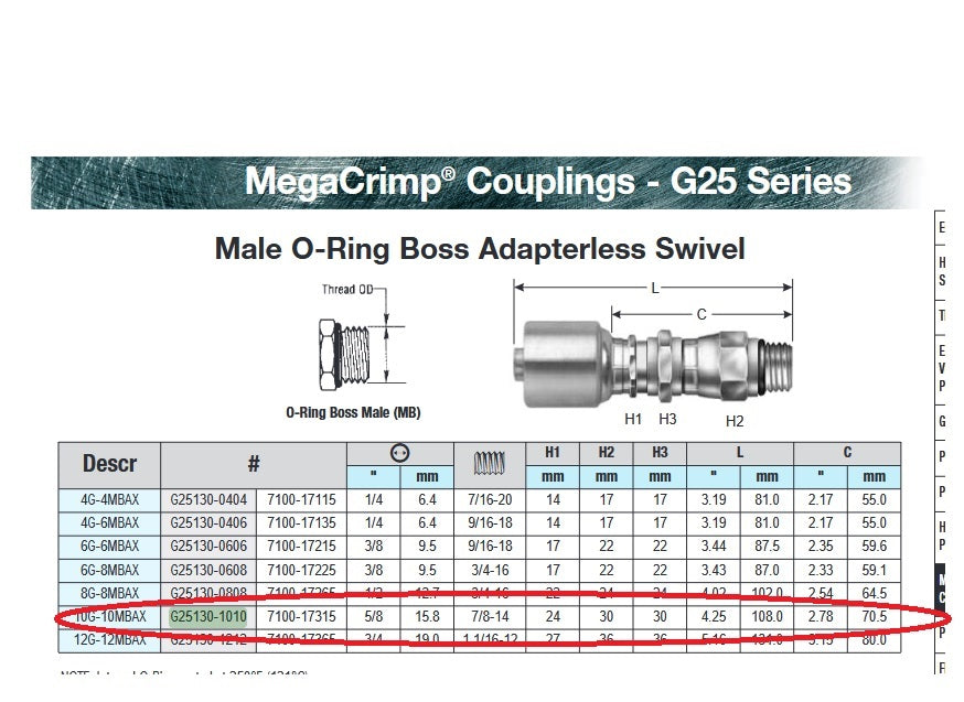 Gates G25130-1010 Hydraulic Fitting Male O-Ring Boss Adapterless Swivel