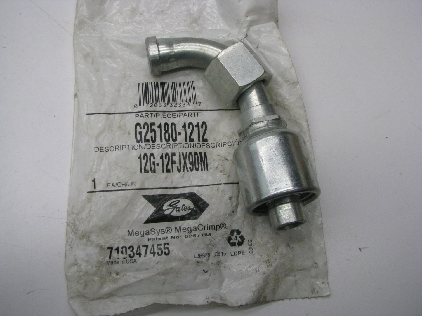 Gates G25180-1212 90 Degree Bent Tube Female JIC 37 Deg Flare Swivel Megacrimp