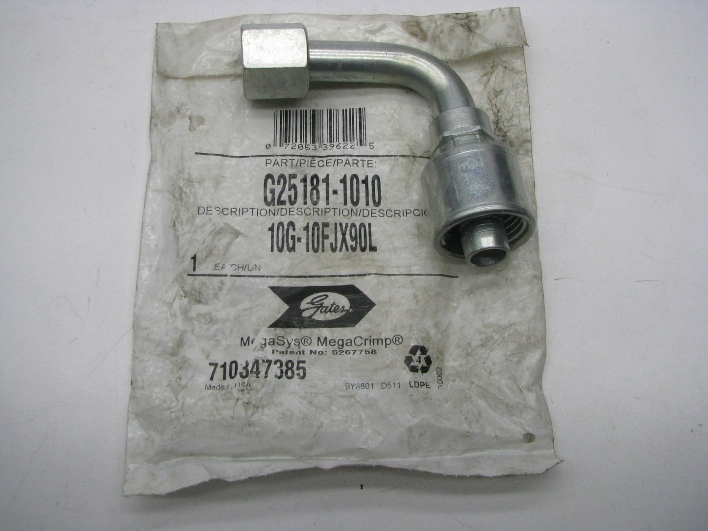 Gates G25181-1010 90 Degree Bent Tube Female JIC 37 Deg Flare Swivel Megacrimp