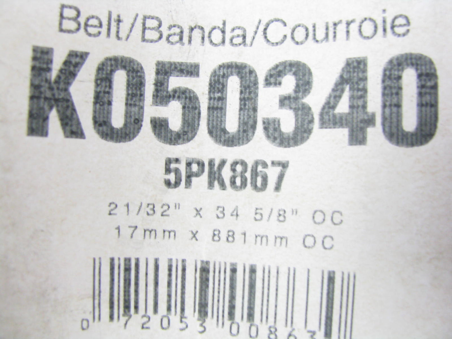 Gates K050340 Serpentine Belt - 0.68'' X 34.06'' - 5 Ribs