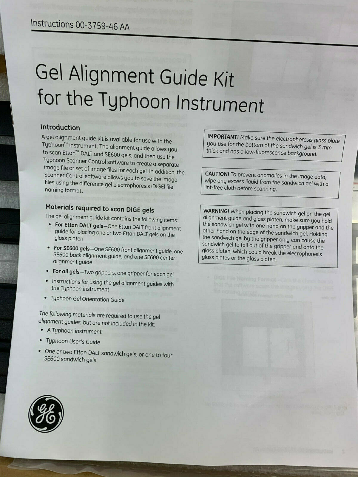 GE Ettan DALT + SE600 Electrophoresis Gel Alignment Guides Kit