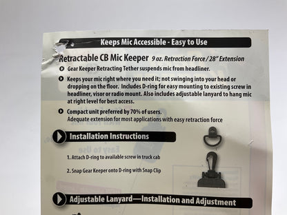 Gear Keeper RT4-4112 28'' Retractable Black CB, HAM Mic Keeper Hanger