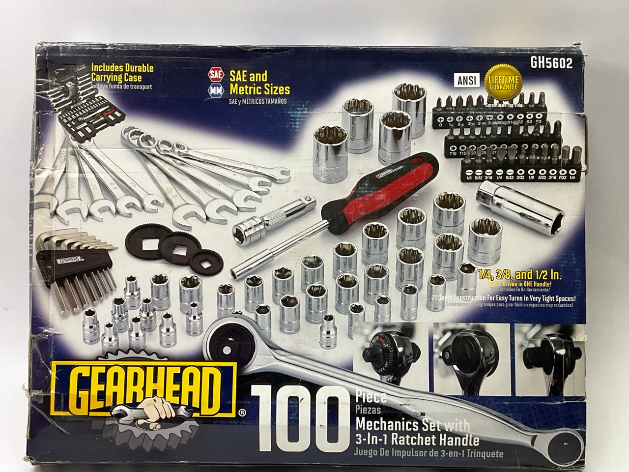Gearhead GH5602, 100 Piece Mechanic Set Tools With 3-in-1 Ratchet Handle