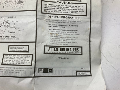NOS OEM GM 12331004 Right Passengers Side Seat Belt - 1982-1992 Chevy Camaro