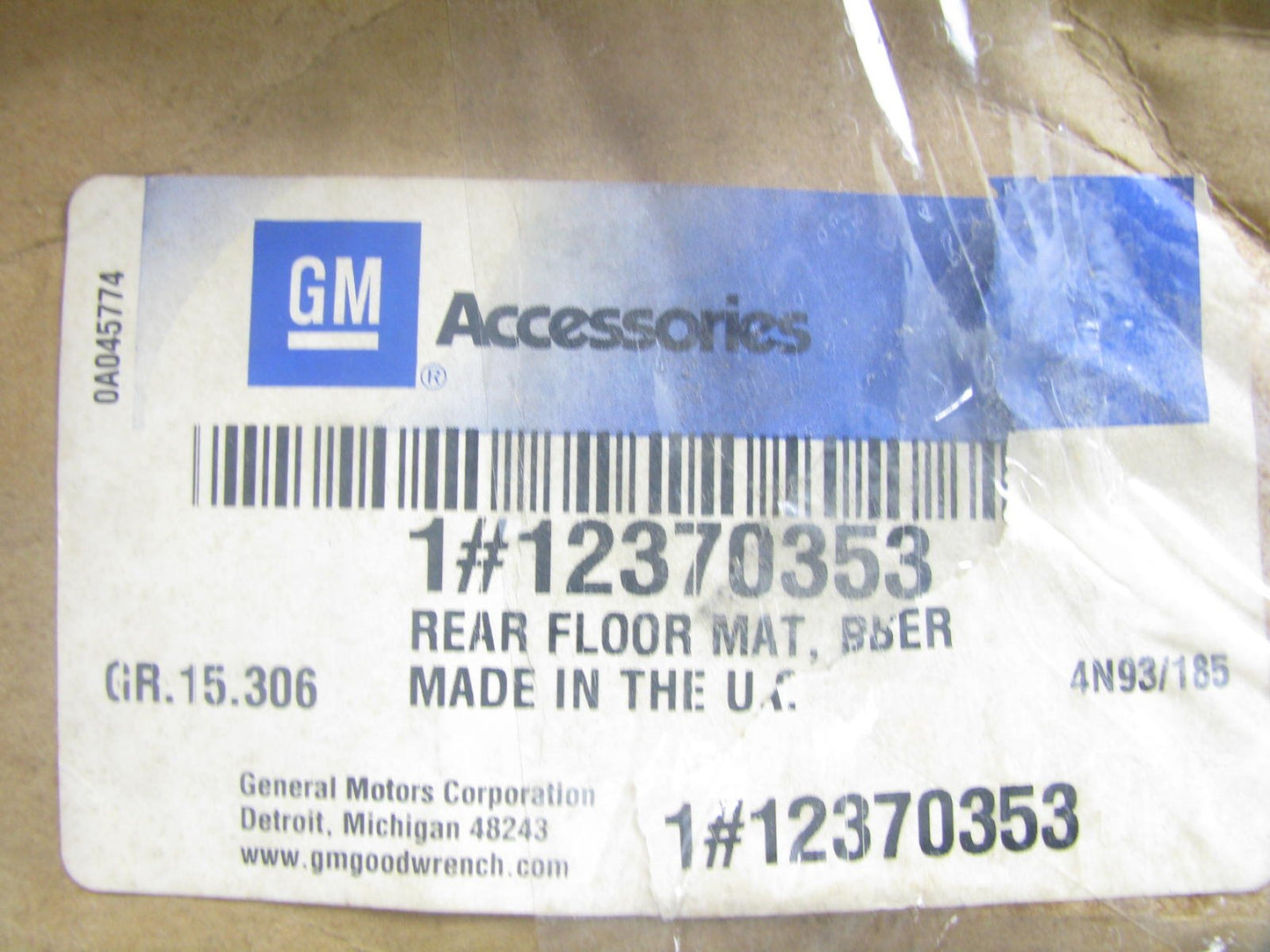 Genuine OEM GM 12370353 Rear GRAY VINYL Floor Mat: 1996-2000 C1500, 2500 3500