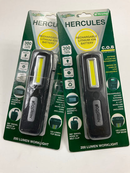 (2) Go Green HERCULES COB LED Worklight Flashlight 200 Lumens, USB Rechargeable