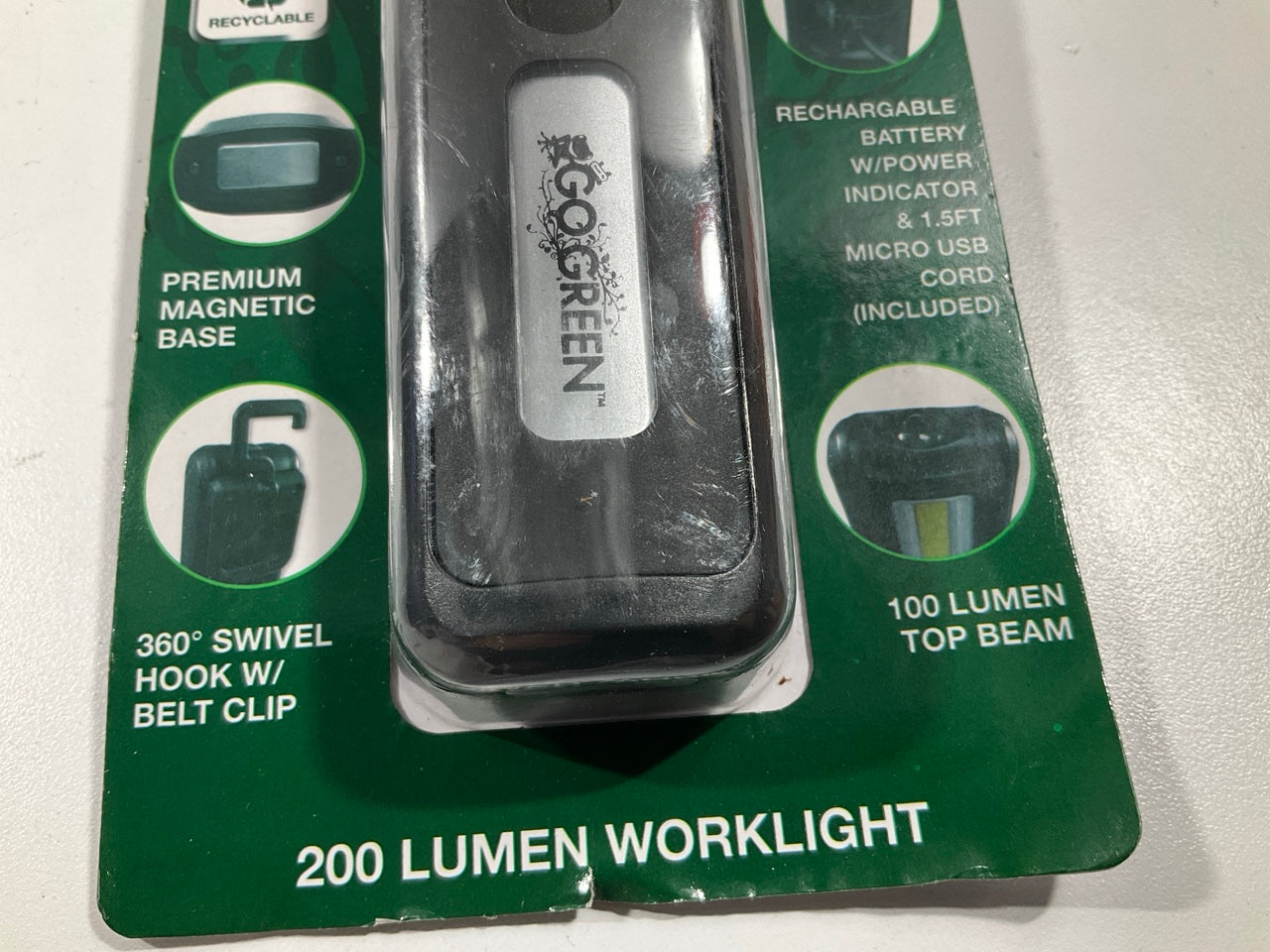 Go Green HERCULES COB LED Worklight Flashlight 200 Lumens, USB Rechargeable