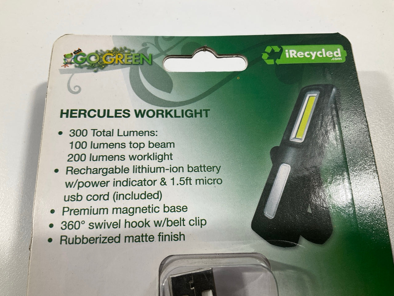 Go Green HERCULES COB LED Worklight Flashlight 200 Lumens, USB Rechargeable