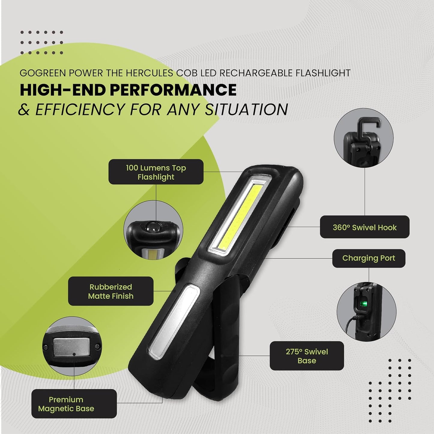 Go Green HERCULES COB LED Worklight Flashlight 200 Lumens, USB Rechargeable