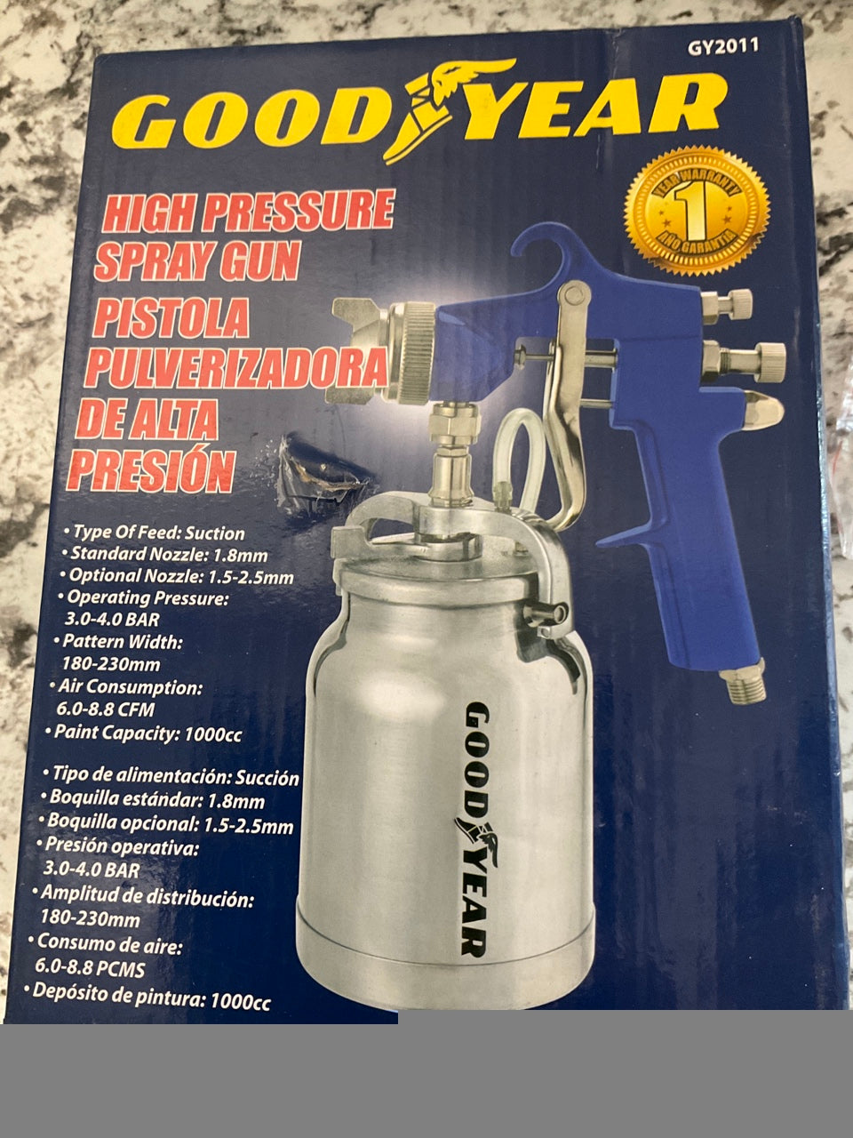 Goodyear GY2011 High Pressure Suction Feed Air Spray Paint Gun 1000cc Paint Cup