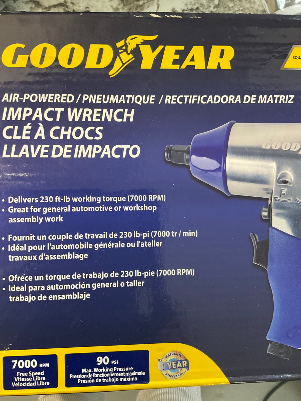 Goodyear GY3424 1/2'' Air Impact Wrench 230 Ft-lb Working Torque (7000 RPM) 90PSI