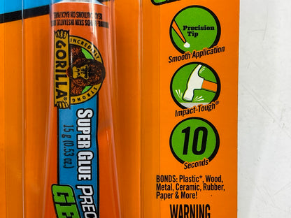 Gorilla 109804 Super Glue Precise Gel Fast Setting,  Anti-Clog Cap, 15g Clear