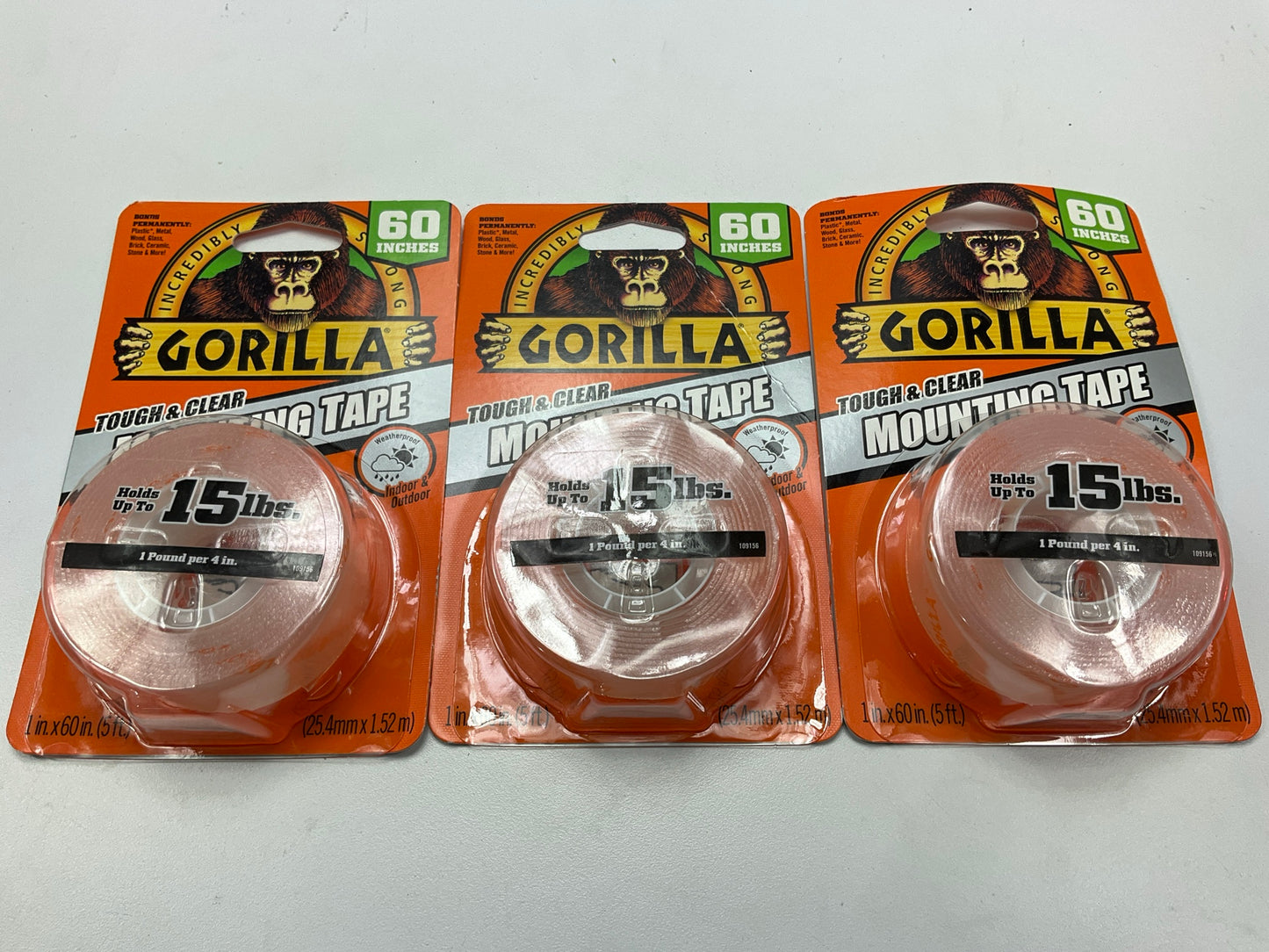 (3) Gorilla Tough & Clear Double Sided Mounting Tape, 1'' X 60'' Holds Up To 15 Lb