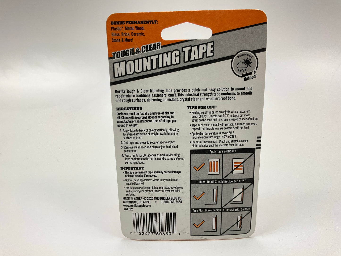 (3) Gorilla Tough & Clear Double Sided Mounting Tape, 1'' X 60'' Holds Up To 15 Lb