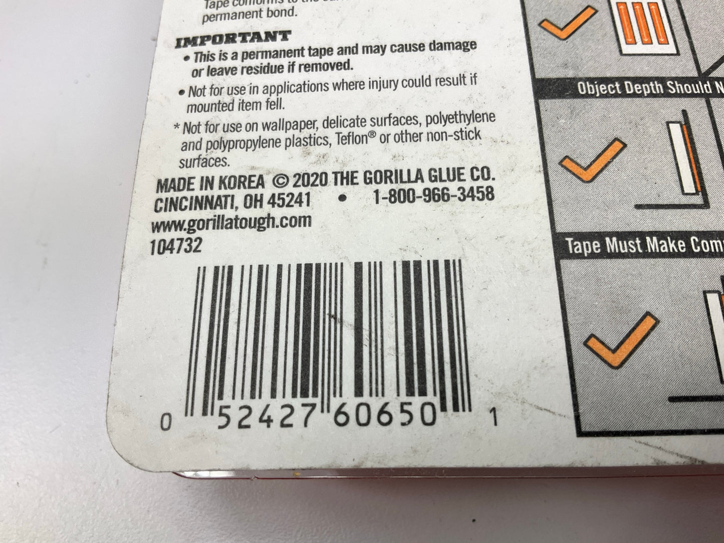 (3) Gorilla Tough & Clear Double Sided Mounting Tape, 1'' X 60'' Holds Up To 15 Lb