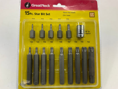 15 PCs Set - GREAT NECK TQS15 TORX Star Bit 10mm Hex Shank CR-V Steel 3/8'' Drive