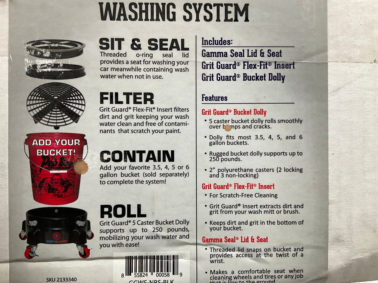 Grit Guard GGWS-NBS-BLK 5 Gallon Bucket Scratch Free Car Washing System W/ Dolly