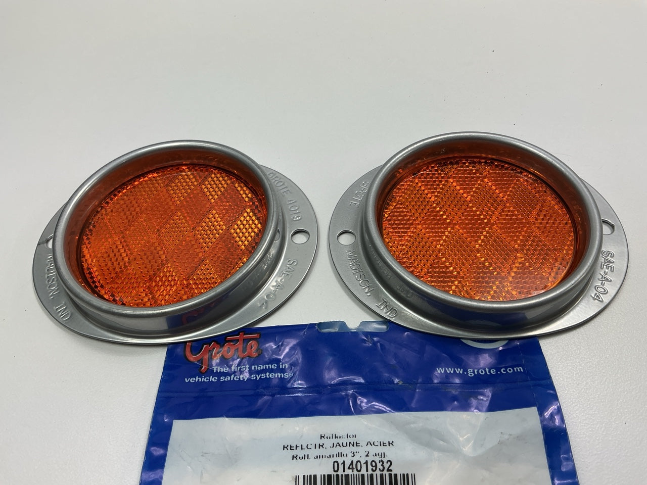 (2) Grote 40193 Amber Reflector 3'' Lens Yellow, Steel, 2-Hole Mount