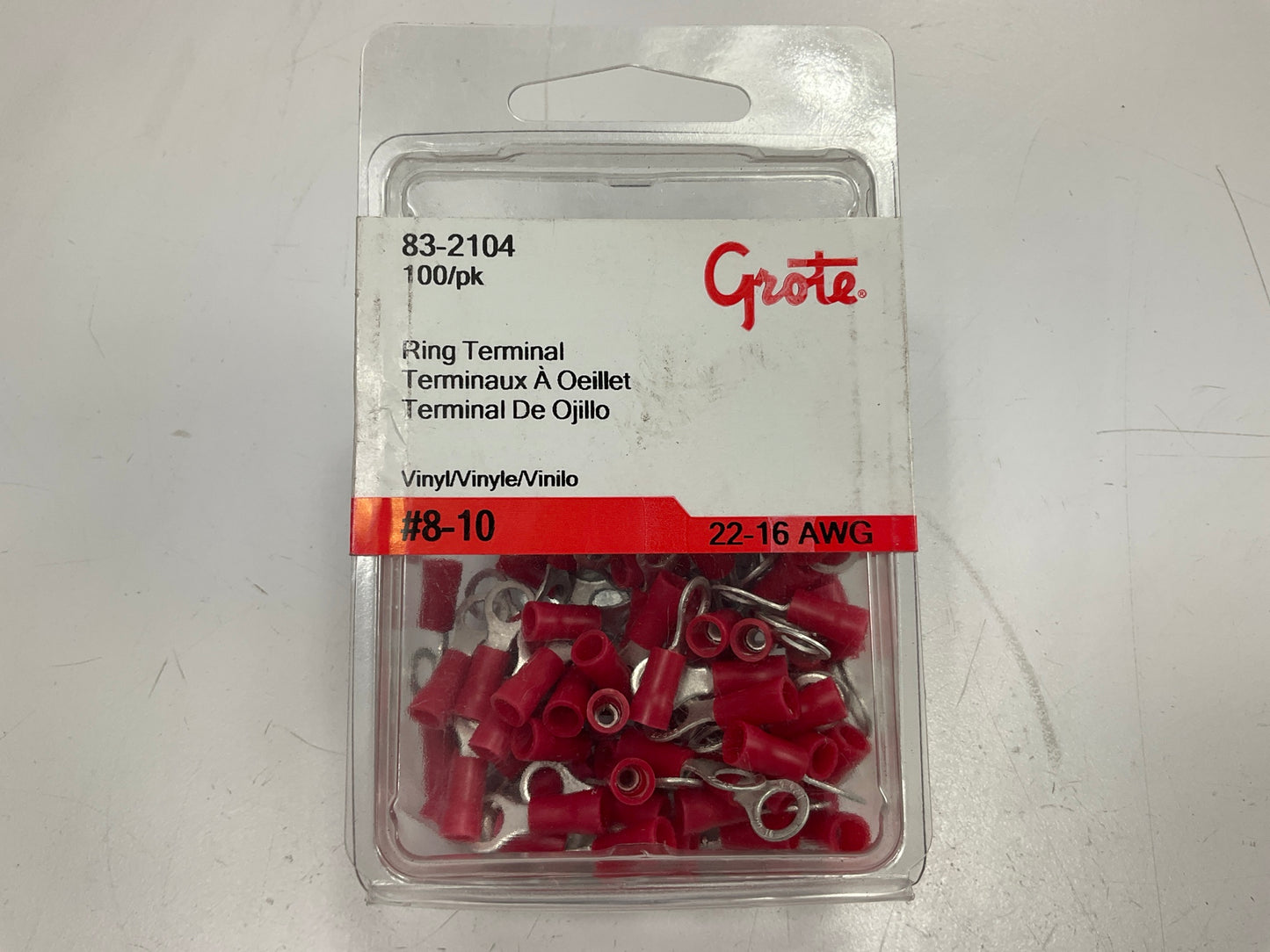 Grote 83-2104 Ring Terminal, Orange Vinyl, 22-16 Gauge, #8-10 Stud, 100 Pack