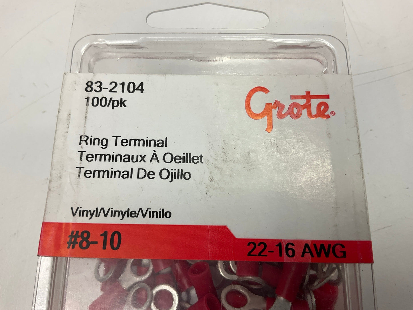 Grote 83-2104 Ring Terminal, Orange Vinyl, 22-16 Gauge, #8-10 Stud, 100 Pack