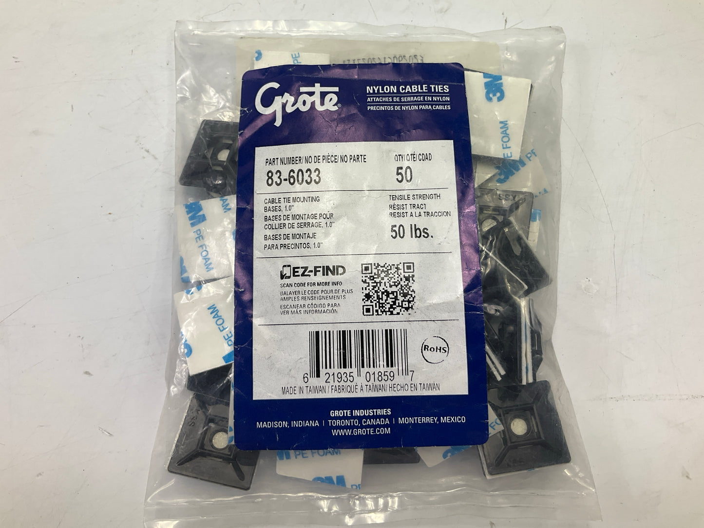 Grote 836033 Cable Zip Tie Adhesive Back Mount, Black, Double Screw, #8, 50 Lbs