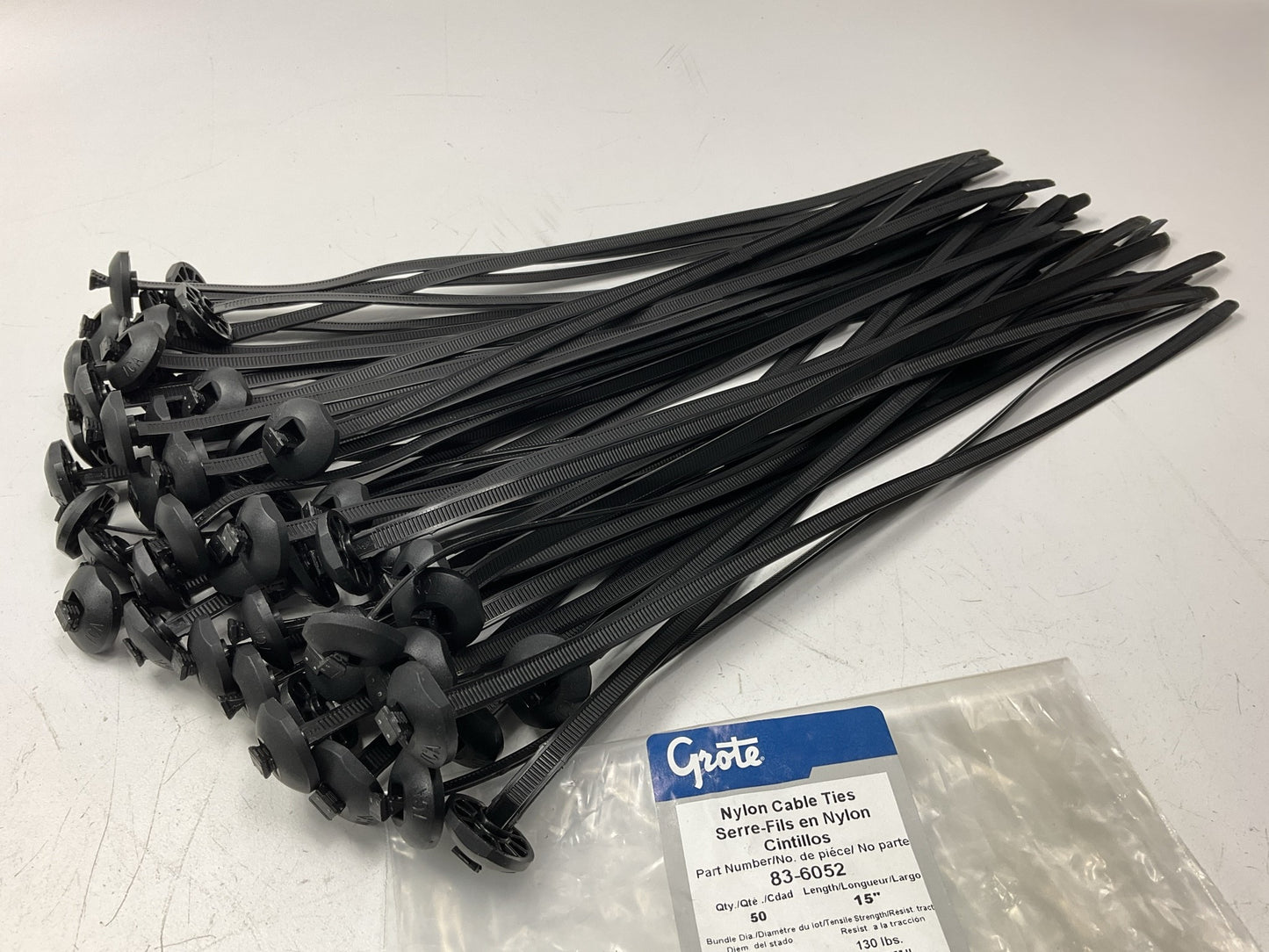 Grote 83-6052 Button Head Nylon Zip Cable Ties, Black, 15'', 130 Lb (50 Pack)