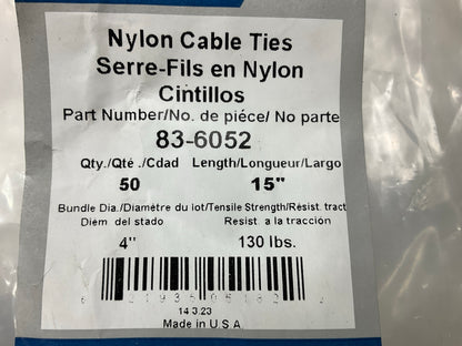 Grote 83-6052 Button Head Nylon Zip Cable Ties, Black, 15'', 130 Lb (50 Pack)