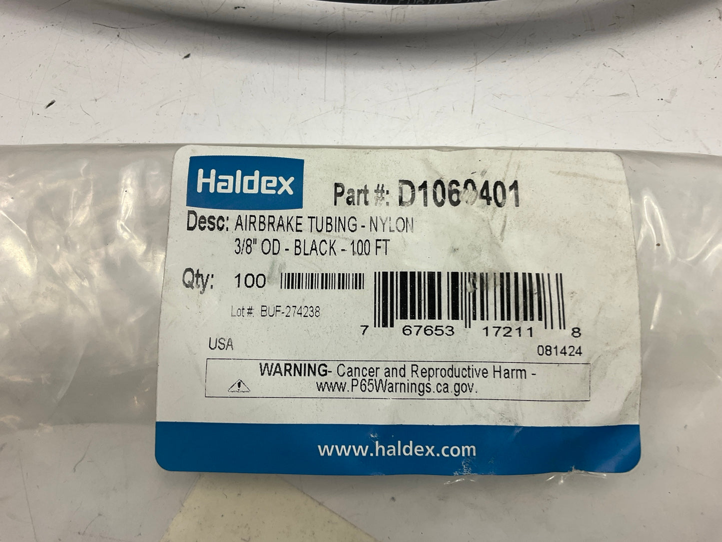 100 FEET - Haldex D1060401 3/8'' Air Brake Tubing Nylon, Black, 150 PSI SAE J844