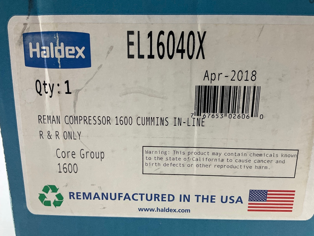 REMAN. Haldex EL16040X Air Brake Compressor For Cummins EL1600, No Core Charge