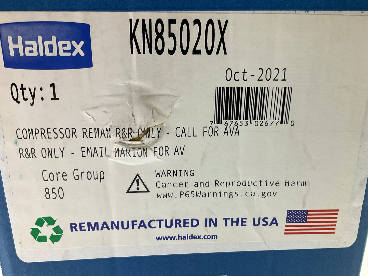 REMAN. Haldex KN85020X EL850 Air Brake Compressor