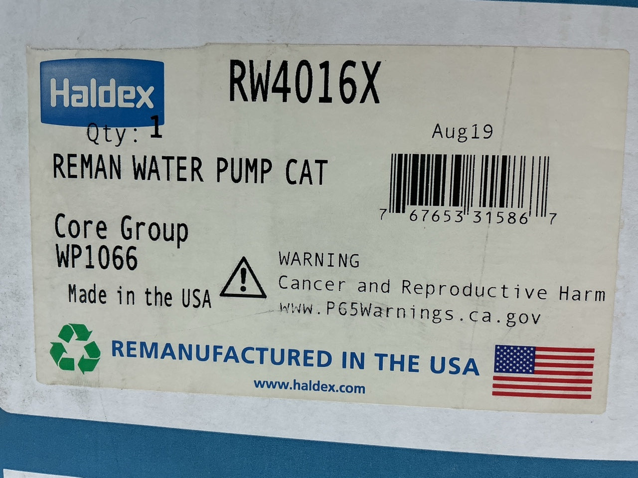 REMAN. Haldex RW4016X Water Pump For Caterpillar 3116 / 3126, 4-3/8'' Pulley