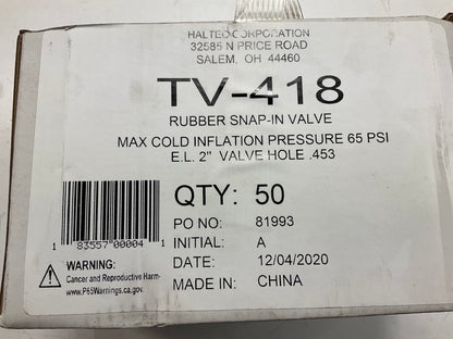 (32) Haltec TV418 Tire Valve Stems Snap-In, Rubber Sleeve, 0.453'' Valve Hole