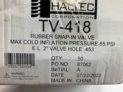 (50) Haltec TV418 Tire Valve Stems Snap-In, Rubber Sleeve, 0.453'' Valve Hole
