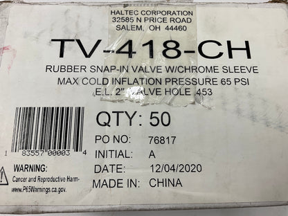 (50) Haltec TV418CH 2'' Tire Valve Stem Snap In, Chrome Sleeve, 0.453'' Valve Hole