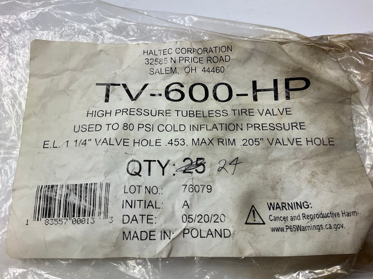 (24) Haltec TV-600-HP Tire Valve Stem High Pressure, Tubeless, 1-1/4'' Effective