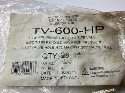 (24) Haltec TV-600-HP Tire Valve Stem High Pressure, Tubeless, 1-1/4'' Effective