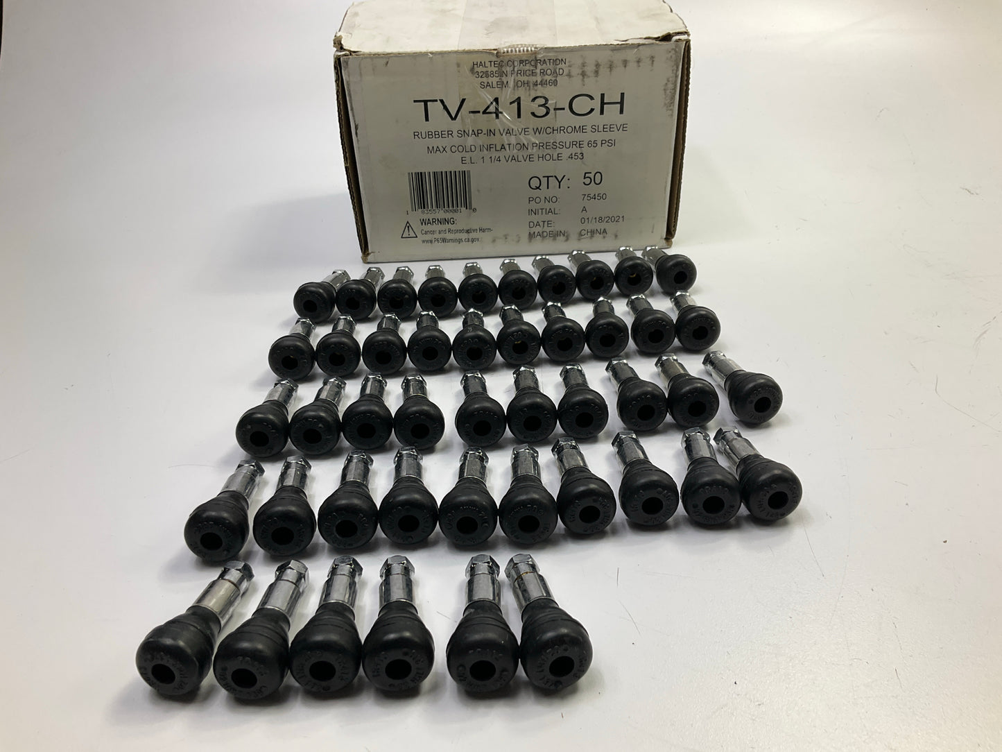 (46) HALTEC TV-413 CH Tire Valve Stem Snap In, Chrome Sleeve, 0.453'' Valve Hole