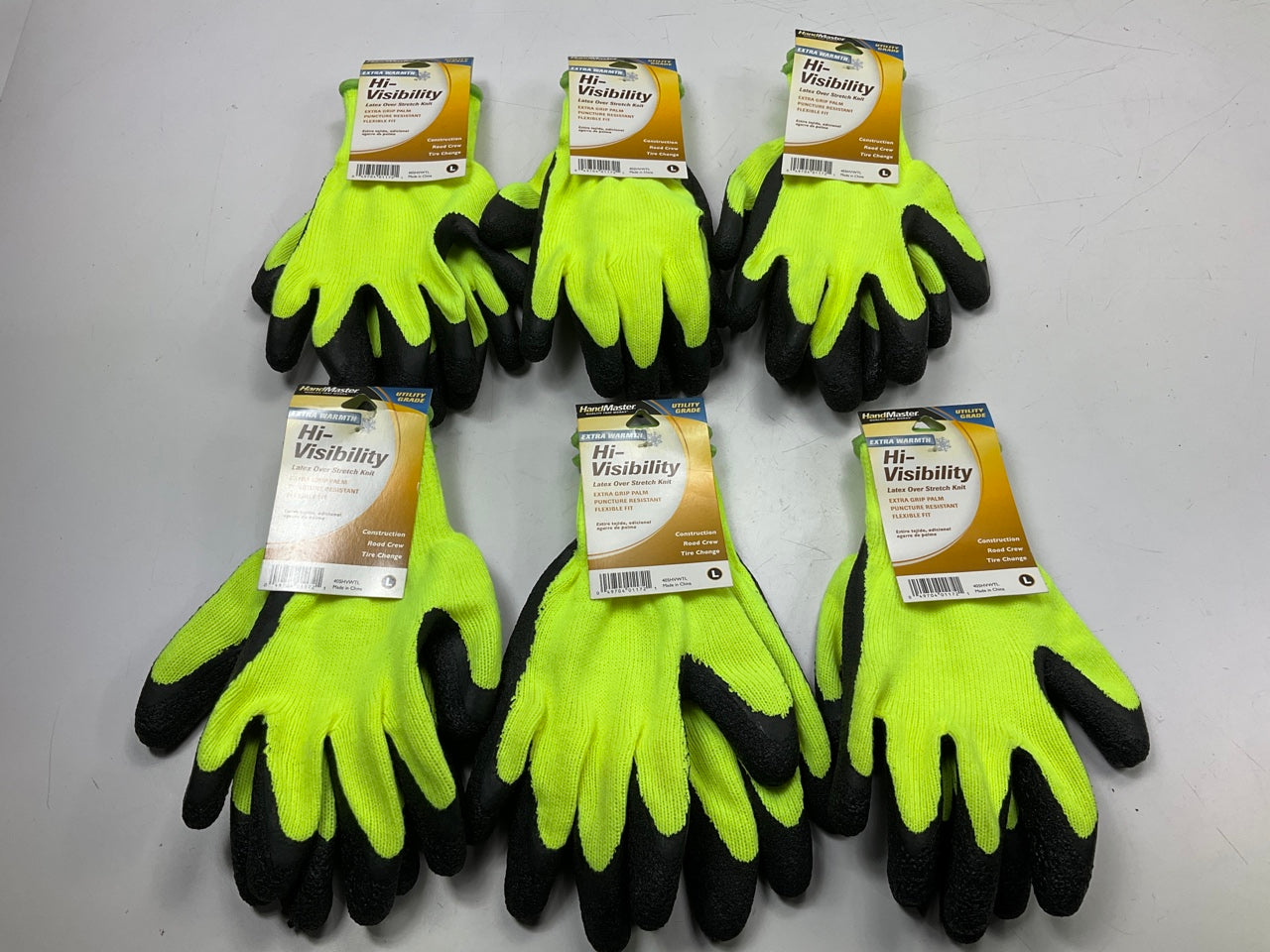 Pack Of 6 - Large Hand Master 405HVWTL Yellow / Black Rubber Coated Work Gloves