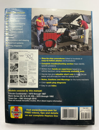 Haynes 59010 Repair Manual For 1970-2010 REAR Wheel Drive Lincoln - SEALED