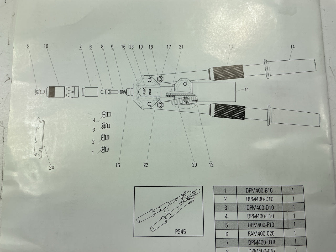 MISSING NOSEPIECES - SOLD AS IS - Heli-Coil PS45 Heavy Duty Pop-Rivet Tool