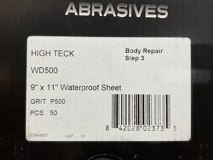 High Teck WD500 9'' X 11'' Waterproof Sandpaper Sheets, P500 Grit, 50 Sheets